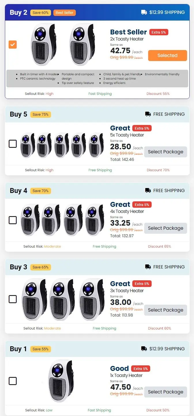 Toasty Heater Pricing